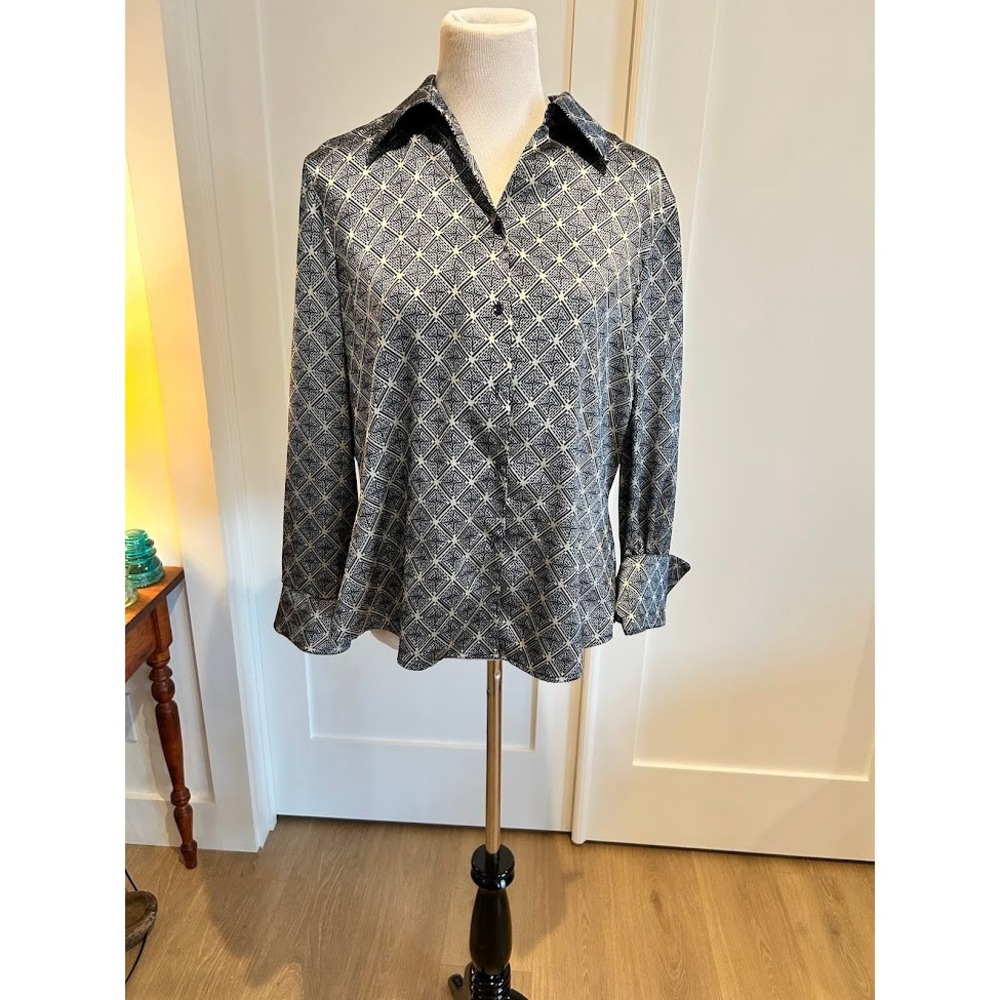 Kasper Women's Geometric Print‎ Button Down Shirt Size 14 Office Chic Suiting